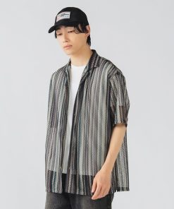 BEAMS HEART シャツ ストライプ レース ショートスリーブシャツ メンズ